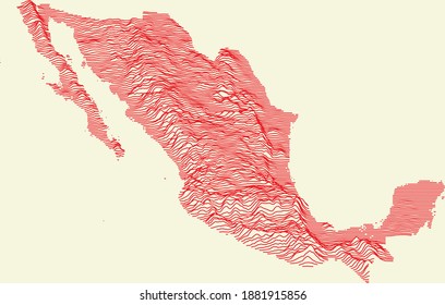 Topographic map of Mexico with red contour lines and baige background