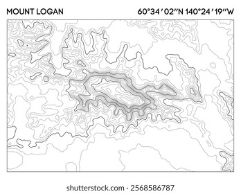 Topographic map of Mount Logan with precise elevation contours and geographic coordinates. Topographic map vector.