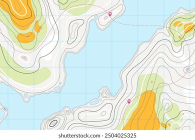 Mapa topográfico con relieve de montaña, líneas onduladas abstractas de contorno, vista superior de la tierra