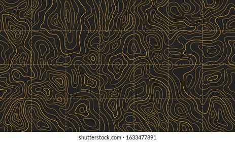 topographic map on a black background with dark yellow lines and a coordinate grid
