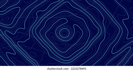 Topographic map on blue background. Geographic line map with elevation assignments. Contour background geographic grid. Vector illustration.