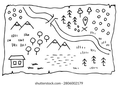 Topographic map on old paper, drawing of the area plan. Nature landscape, mountains, trees, river. Destination, orienteering, sports recreation, adventure. Treasure hunt. Schematic signs, symbols, top view. Simple sketch with a black outline.