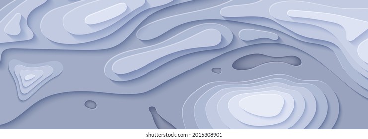 Mapa topográfico en estilo de corte de papel. 3d fondo abstracto con ondas cortadas cubierta moderna. Agujeros de colores grises y arte en papel de montañas. Ilustración de tarjetas vectoriales y formas geométricas lisas de origami.