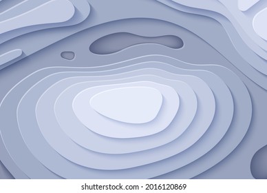 Topographic map in paper cut style. 3d abstract background with cut out waves modern cover. Grey color holes and mountains papercut art. Vector card illustration and origami smooth geometric shapes.