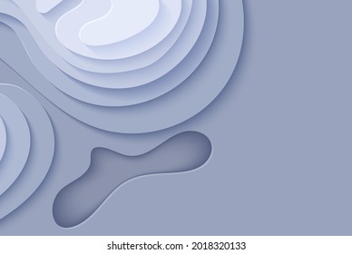 Mapa topográfico en estilo de corte de papel. 3d fondo abstracto con ondas cortadas cubierta moderna. Agujero de color gris y arte de papeleo montañoso. Ilustración de tarjetas vectoriales y formas geométricas lisas de origami