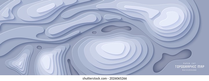 Topographic map in paper cut style. 3d abstract background with cut out waves modern cover. Grey color holes and mountains papercut art. Vector card illustration and origami smooth geometric shapes.