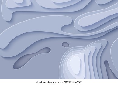 Topographic map in paper cut style. 3d abstract background with cut out waves modern cover. Grey color holes and mountains papercut art. Vector card illustration and origami smooth geometric shapes.