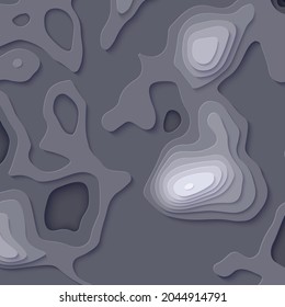 Topographic map in paper cut style. 3d abstract background with cut out waves modern cover. Dark color holes and mountains papercut art. Vector card illustration and origami smooth geometric shapes.