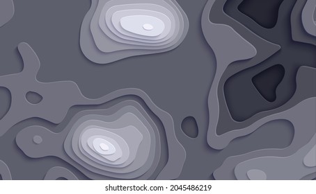 Mapa topográfico en estilo de corte de papel. 3d fondo abstracto con ondas cortadas cubierta moderna. Agujeros de color oscuro y arte en papel de montañas. Ilustración de tarjetas vectoriales y formas geométricas lisas de origami.