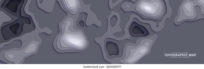 Topographic Map In Paper Cut Style. 3d Abstract Background With Cut Out Waves Modern Cover. Dark Color Holes And Mountains Papercut Art. Vector Card Illustration And Origami Smooth Geometric Shapes.