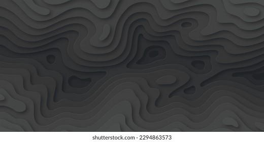 Topographic map, paper cut style abstract background. Dark gray cover, banner, card curved layers and elevation contour lines. Dark color mountains, hills papercut art vector illustration