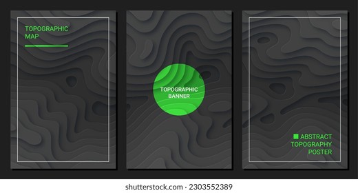 Mapa topográfico, conjunto de fondo abstracto estilo corte de papel. Tapa gris oscuro, pancarta, tarjeta con ondas cortadas. Montañas de colores oscuros, colinas diseño gráfico gráfico gráfico gráfico vectorial