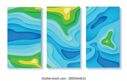 Topographic map in papercut style. Set of three flyers with top view river, trees and mountains in paper cut style. Wavy layered shapes cut out from cardboard. Vector card for ecology creative concept