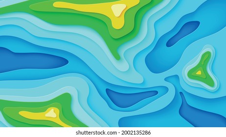 Topographic map in papercut style. Top view river, trees and mountains in paper cut style.Wavy layered shapes cut out from cardboard. Abstract Vector illustration for ecology creative concept.