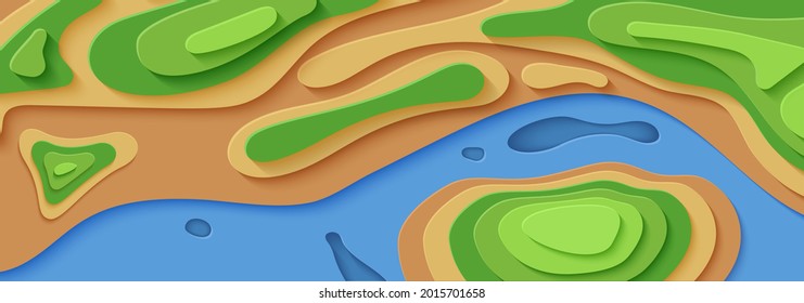 Topographic map in papercut style. Top view river, trees, elevation and sandy shore in paper cut style. Wavy layered shapes cut out from cardboard. Abstract vector illustration for ecology concept.