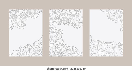 Topographic map pattern. Graphic trail lines on poster. Contour mountain texture. Vector geo backgrounds and frames set.
