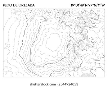 Mapa topográfico del Pico de Orizaba con contornos de elevación y coordenadas geográficas precisas. Vector de mapa topográfico.