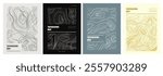 Topographic map posters set. Covers or flyers with contour lines of geographic relief. Stylish design with cartography texture. Flat outline vector illustration collection isolated on background