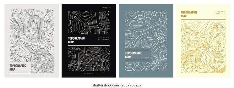 Topographic map posters set. Covers or flyers with contour lines of geographic relief. Stylish design with cartography texture. Flat outline vector illustration collection isolated on background