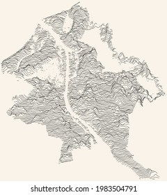 Mapa topográfico de Riga, Letonia con líneas de contorno negro sobre fondo beige