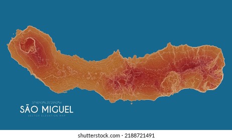 Topographic map of Sao Miguel, Azores Islands, Portugal. Vector detailed elevation map of island. Geographic elegant landscape outline poster.