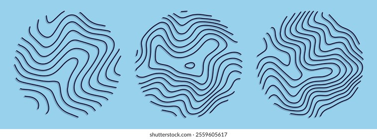 Topographic map set. Set of round topographic maps. Background of lines. Contour maps of mountain relief. Abstract geographic wallpaper. Vector illustration.