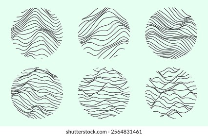 Topographic map set. Set of round topographic maps. Background of lines. Contour maps of mountain relief. Abstract geographic wallpaper. Vector illustration.