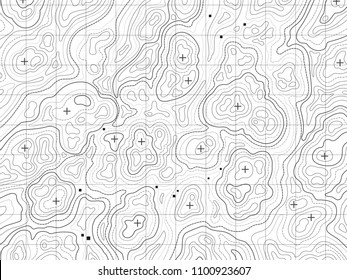 Topographic map sheet. Map showing natural and physical features of a landscape by contour lines. Vector line map illustration on white background