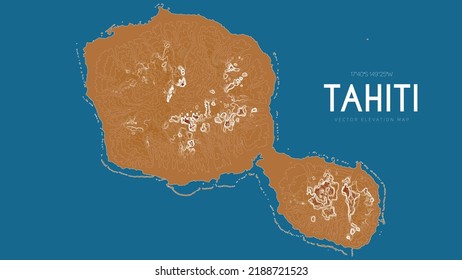 Topographic map of Tahiti, Society Islands, French Polynesia, Pacific Ocean. Vector detailed elevation map of island. Geographic elegant landscape outline poster.