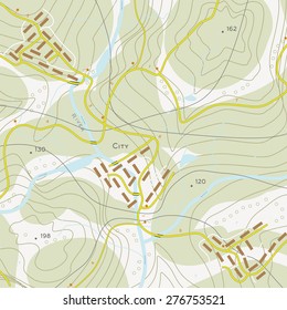 Topographic map of territory with rivers, forests and roads