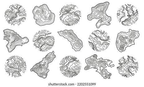 Topographic map texture. Island shape, circle with wood pattern and geographic grid vector set of topographic contour travel