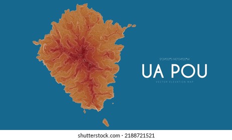 Topographische Karte von Ua-Pou, Marquesas Inseln, Französisch-Polynesien, Pazifischer Ozean. Vektor detaillierte Höhenkarte der Insel. Geographisch elegantes Landschaftsbild-Poster.
