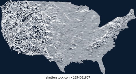 Topographic map of the United States of America with white contour lines on dark blue background (ortographic view of continental part)