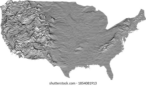 Topographic map of the United States of America with black contour lines (ortographic view of continental part)