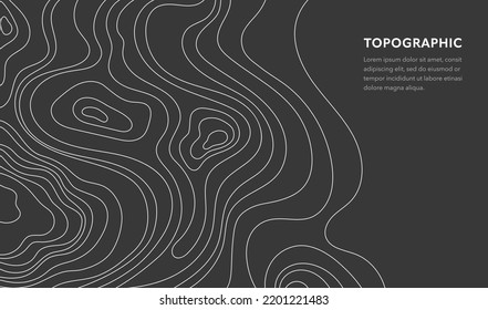 Topographische Karte. Vektorgrafik topographischer Kartenlinien und -konturen. Terrain-Pfad einzeln auf schwarzem Hintergrund. Geografisches Programm. Line Bergregelung für Website-Vorlage, Banner