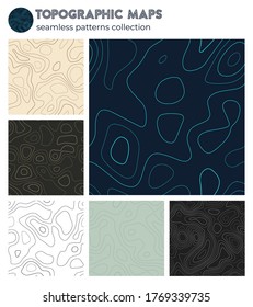 Topographic maps. Amazing isoline patterns, seamless design. Vibrant tileable background. Vector illustration.