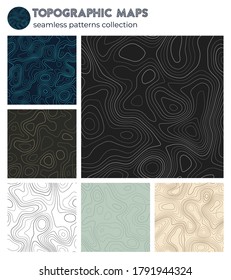 Topographic maps. Amazing isoline patterns, seamless design. Radiant tileable background. Vector illustration.