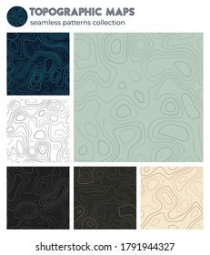 Mapas topográficos. Patrones de aislamiento asombrosos, diseño sin fisuras. Fondo artístico de azulejos. Ilustración vectorial.