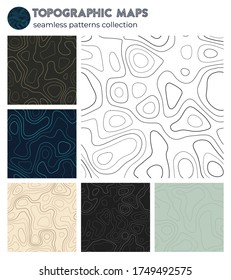 Topographic maps. Astonishing isoline patterns, seamless design. Radiant tileable background. Vector illustration.