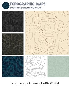 Topografische Karten. Attraktive Isolinmuster, nahtloses Design. Fesselnder, tragbarer Hintergrund. Vektorgrafik.