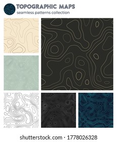 Topographic maps. Attractive isoline patterns, seamless design. Radiant tileable background. Vector illustration.