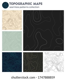 Topografische Karten. Tolle isolierte Muster, nahtloses Design. Kleiner, tragbarer Hintergrund. Vektorgrafik.