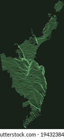 Topographic military radar tactical map of Odessa, Ukraine with emerald green contour lines on dark green background