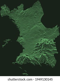 Topographic military radar tactical map of Marseille, France with emerald green contour lines on dark green background