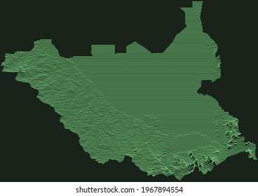 Topographic military radar tactical map of the Republic of South Sudan with emerald green contour lines on dark green background