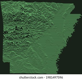 Topographic military radar tactical map of the Federal State of Arkansas, USA with emerald green contour lines on dark green background