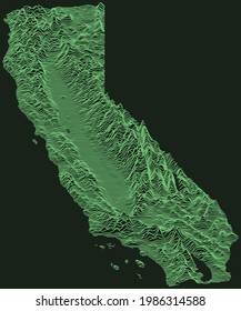 Topographic military radar tactical map of the Federal State of California, USA with emerald green contour lines on dark green background