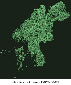 Topographic military radar tactical map of Gothenburg, Sweden with emerald green contour lines on dark green background