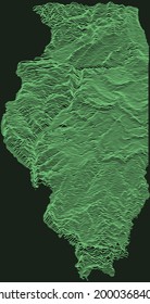 Topographic military radar tactical map of the Federal State of Illinois, USA with emerald green contour lines on dark green background