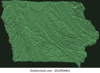 Topographic military radar tactical map of the Federal State of Iowa, USA with emerald green contour lines on dark green background